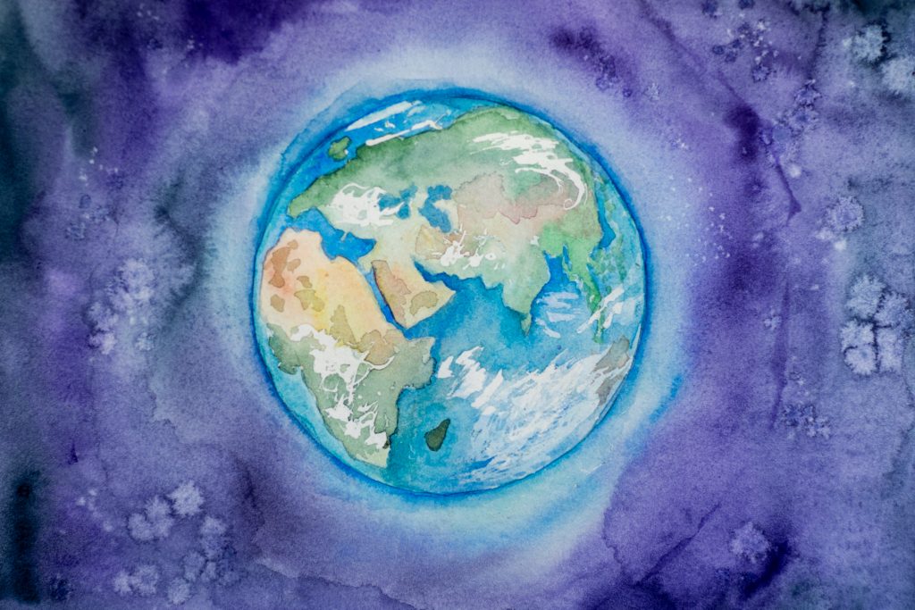 a watercolor illustration of the earth, from space