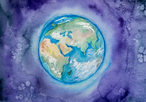 a watercolor illustration of the earth, from space